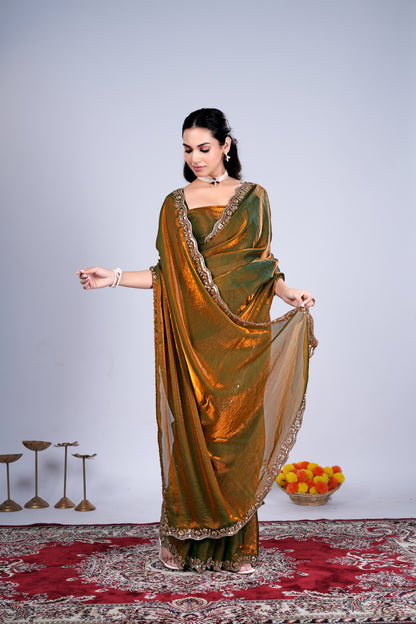 Kanyaari Kriti stylish saree in Mehndi color with intricate cutdana work, showcasing traditional Indian elegance.