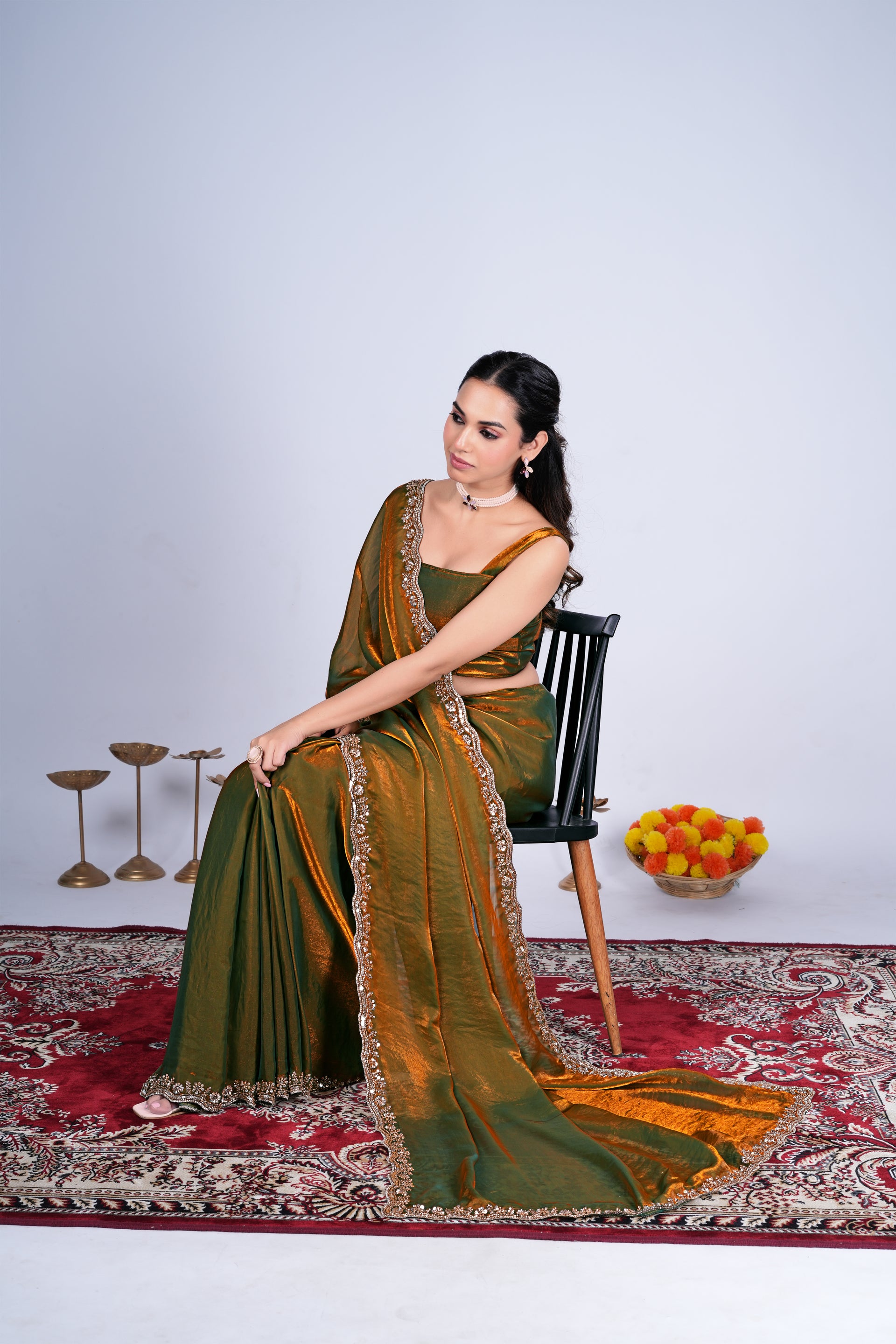 Kanyaari Kriti stylish saree in mehndi color with intricate cutdana work, showcasing elegant traditional Indian attire.