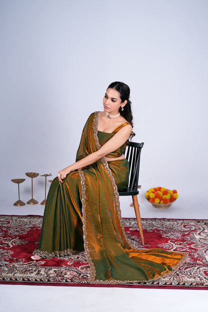 Kanyaari Kriti stylish saree in mehndi color with intricate cutdana work, showcasing elegant traditional Indian attire.