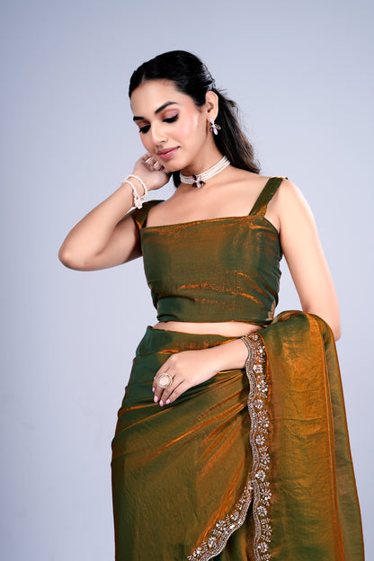 Kanyaari Kriti Stylish Saree in Mehndi color with intricate cutdana work, featuring traditional Indian design and elegant drape.