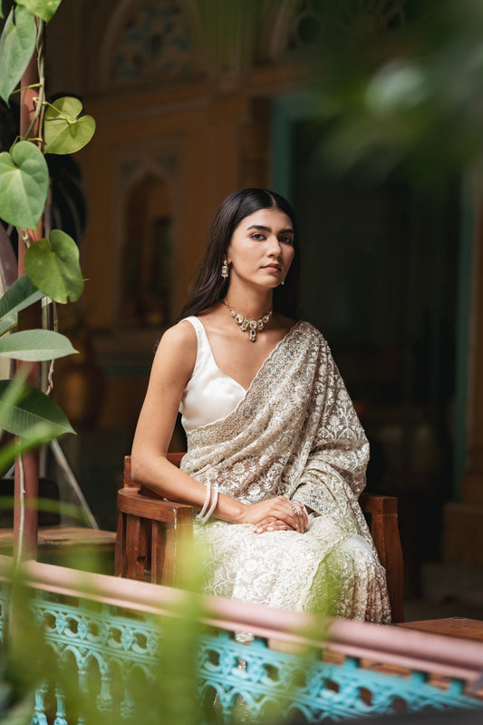 Kanyaari Off White Net Handwork Saree With Unstitched Blouse