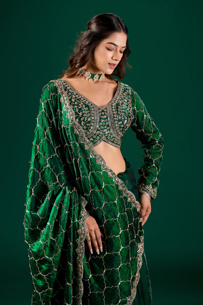 Elegant green silk saree with rose gold cutdana embroidery from Kanyaari's Barsana collection, showcasing intricate design details.