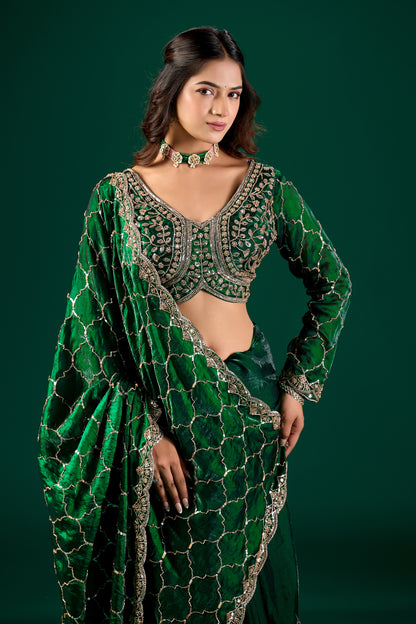 Green silk saree with rose gold cutdana work and intricate embellishments from Kanyaari's Barsana collection.