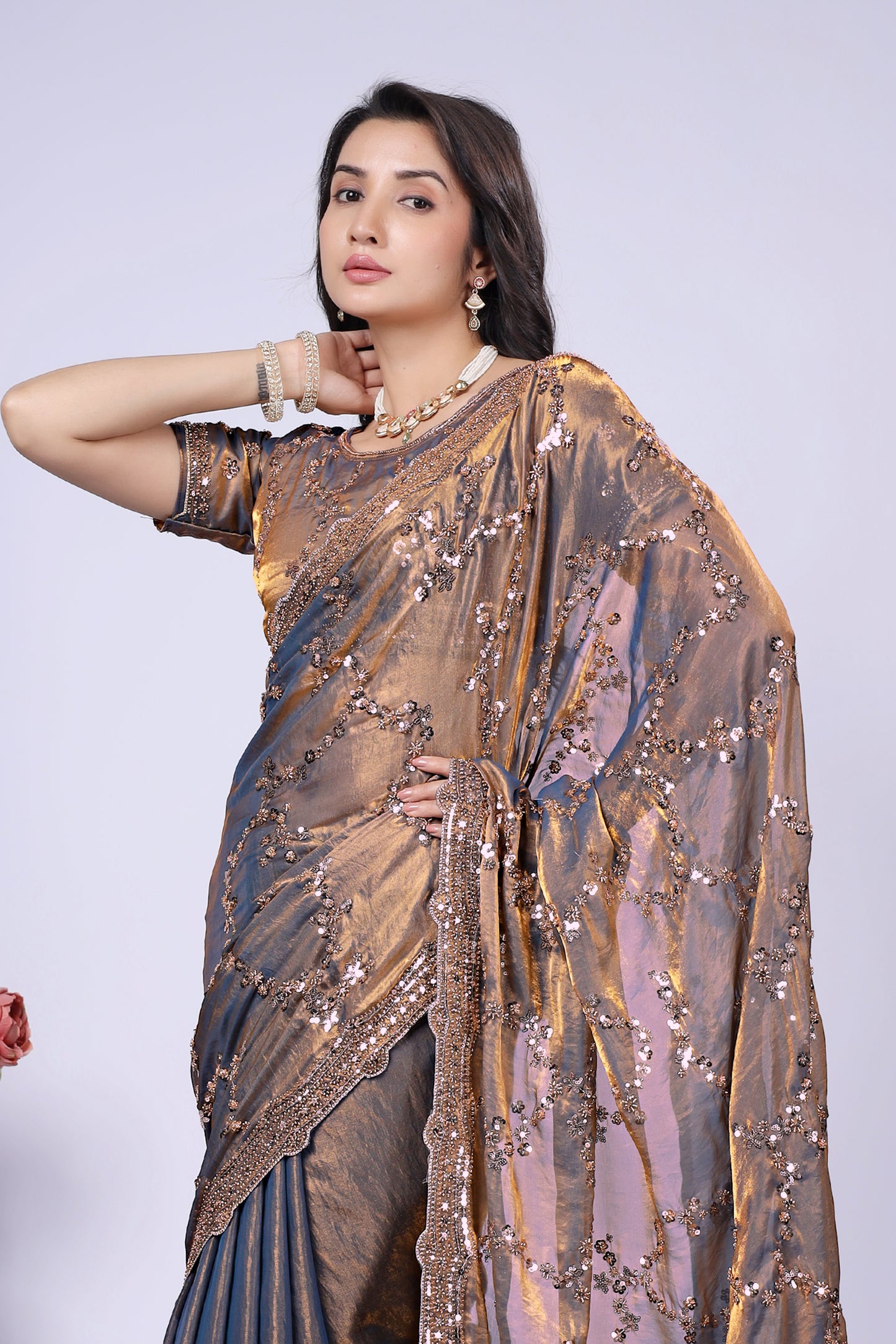 Premium Gold Fendy Silk Saree with Rose Gold Handwork embroidery