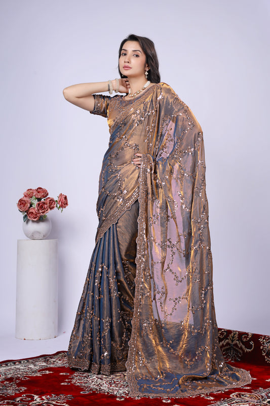 Premium Gold Fendy Silk Saree with Rose Gold Handwork embroidery