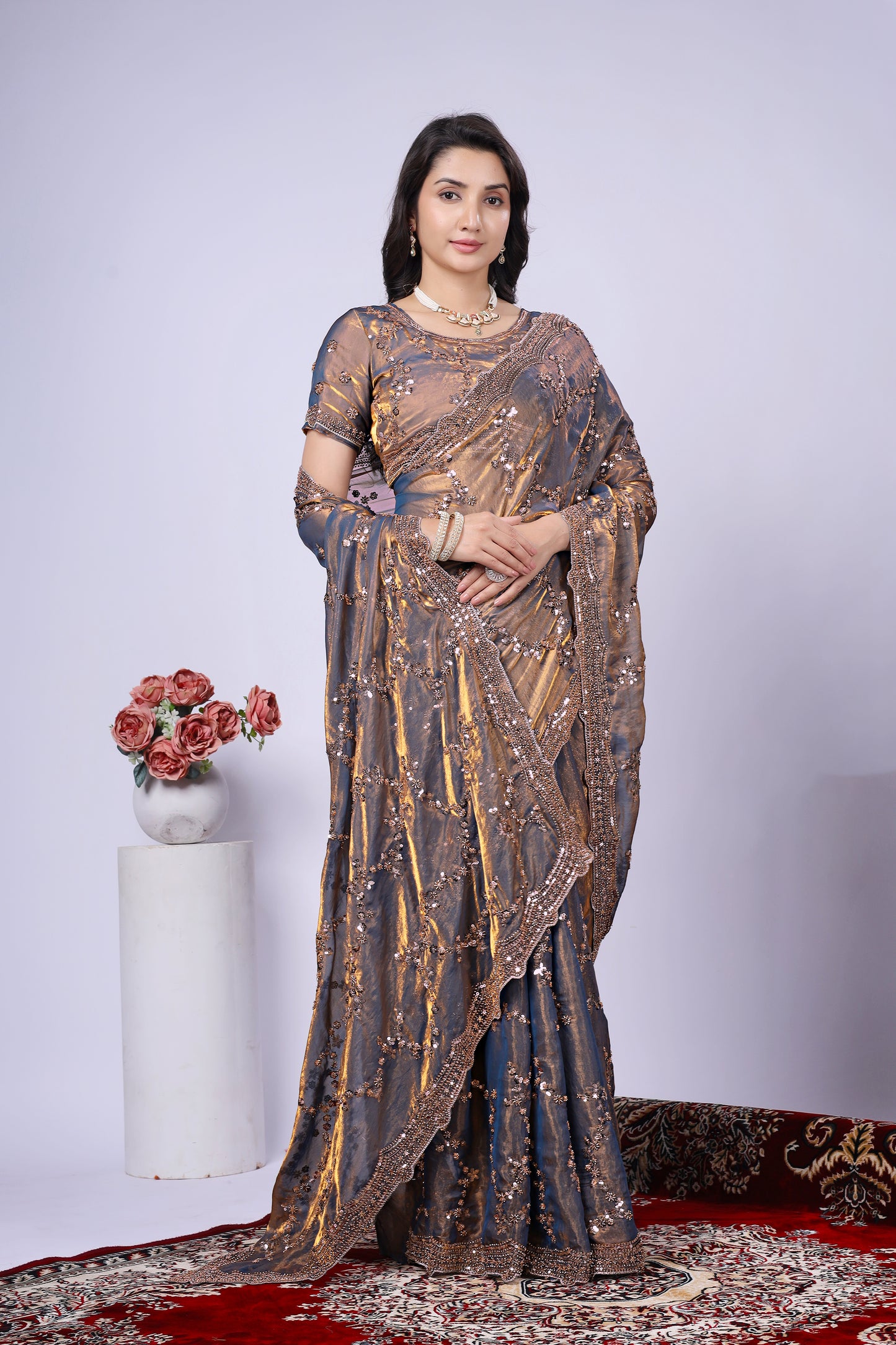 Premium Gold Fendy Silk Saree with Rose Gold Handwork embroidery
