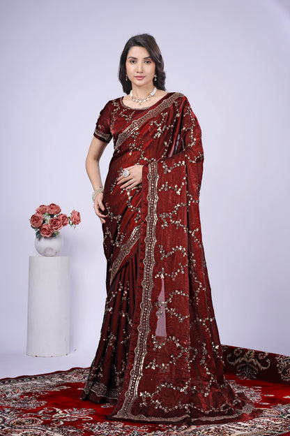 Kanyaari premium silk gold saree with intricate rose gold cutdana embroidery, showcasing elegant traditional craftsmanship.