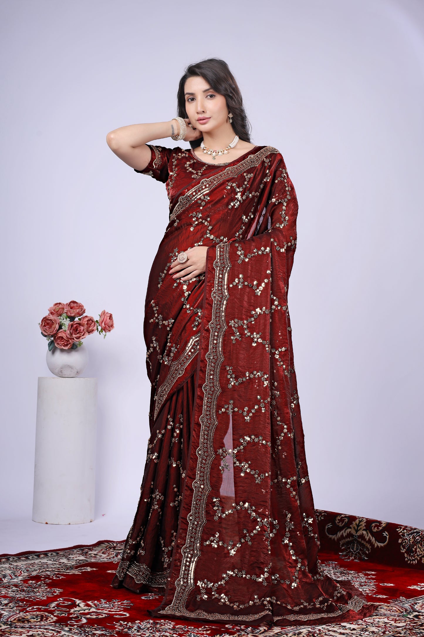 Premium Maroon Fendy Silk Saree with Rose Gold Handwork embroidery