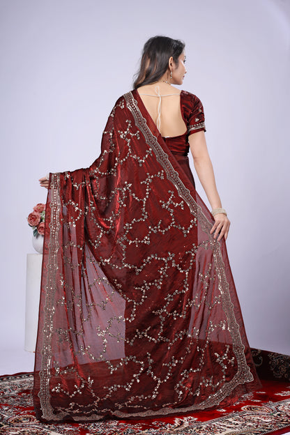 Kanyaari premium maroon silk saree with intricate rose gold cutdana embroidery, elegant traditional Indian attire.
