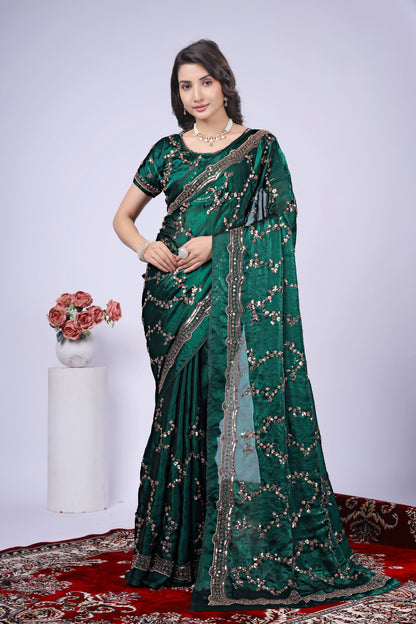 Dark green silk saree by Kanyaari featuring intricate rose gold cutdana work, elegant traditional Indian attire.