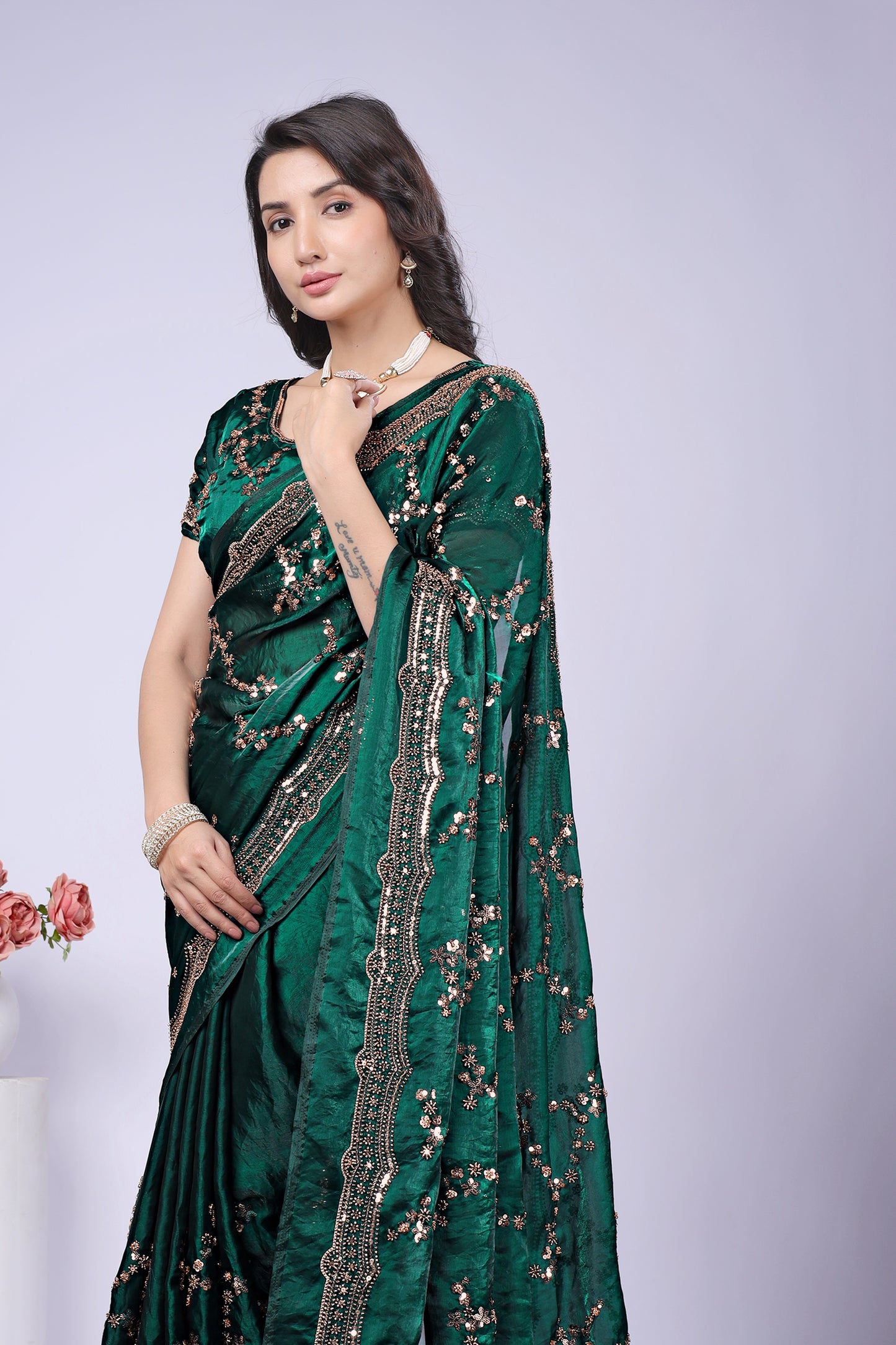 Premium Dark Green Fendy Silk Saree with Rose Gold Handwork embroidery