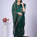 Premium Dark Green Fendy Silk Saree with Rose Gold Handwork embroidery