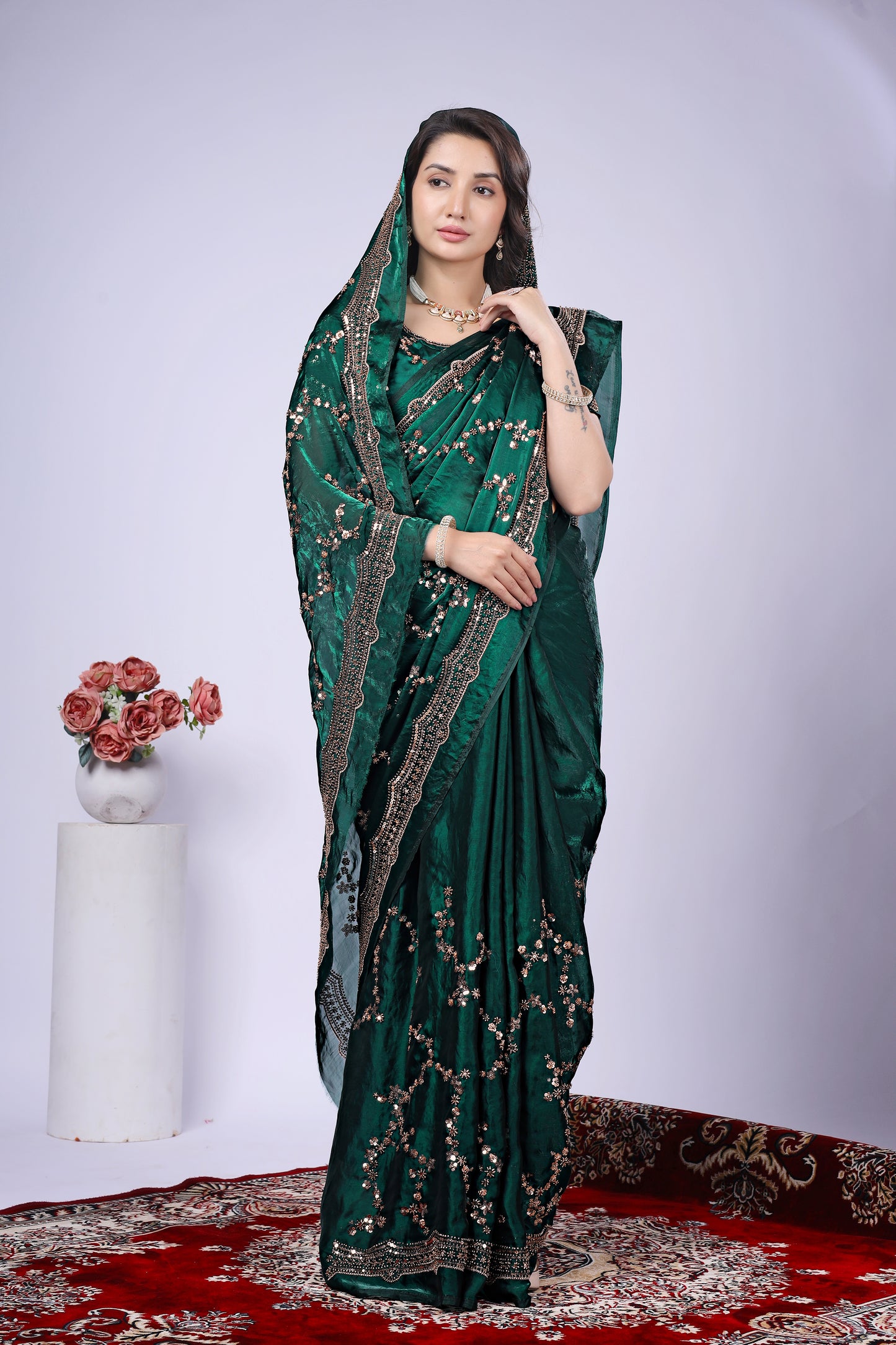 Premium Dark Green Fendy Silk Saree with Rose Gold Handwork embroidery