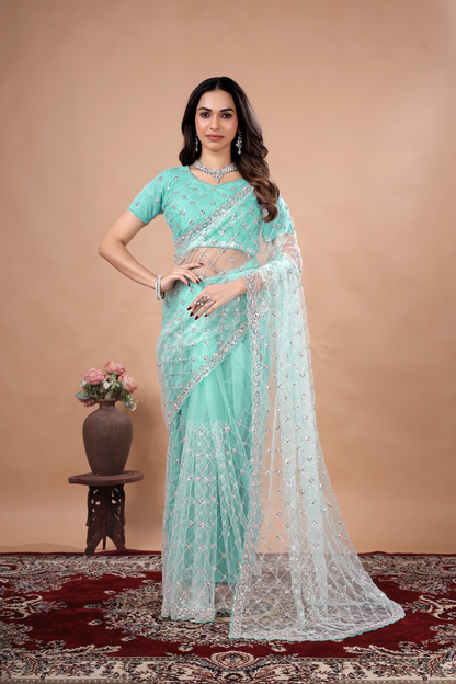 Blue Kanyaari party wear saree with intricate cutdana work, featuring a stylish drape and elegant design perfect for celebrations.