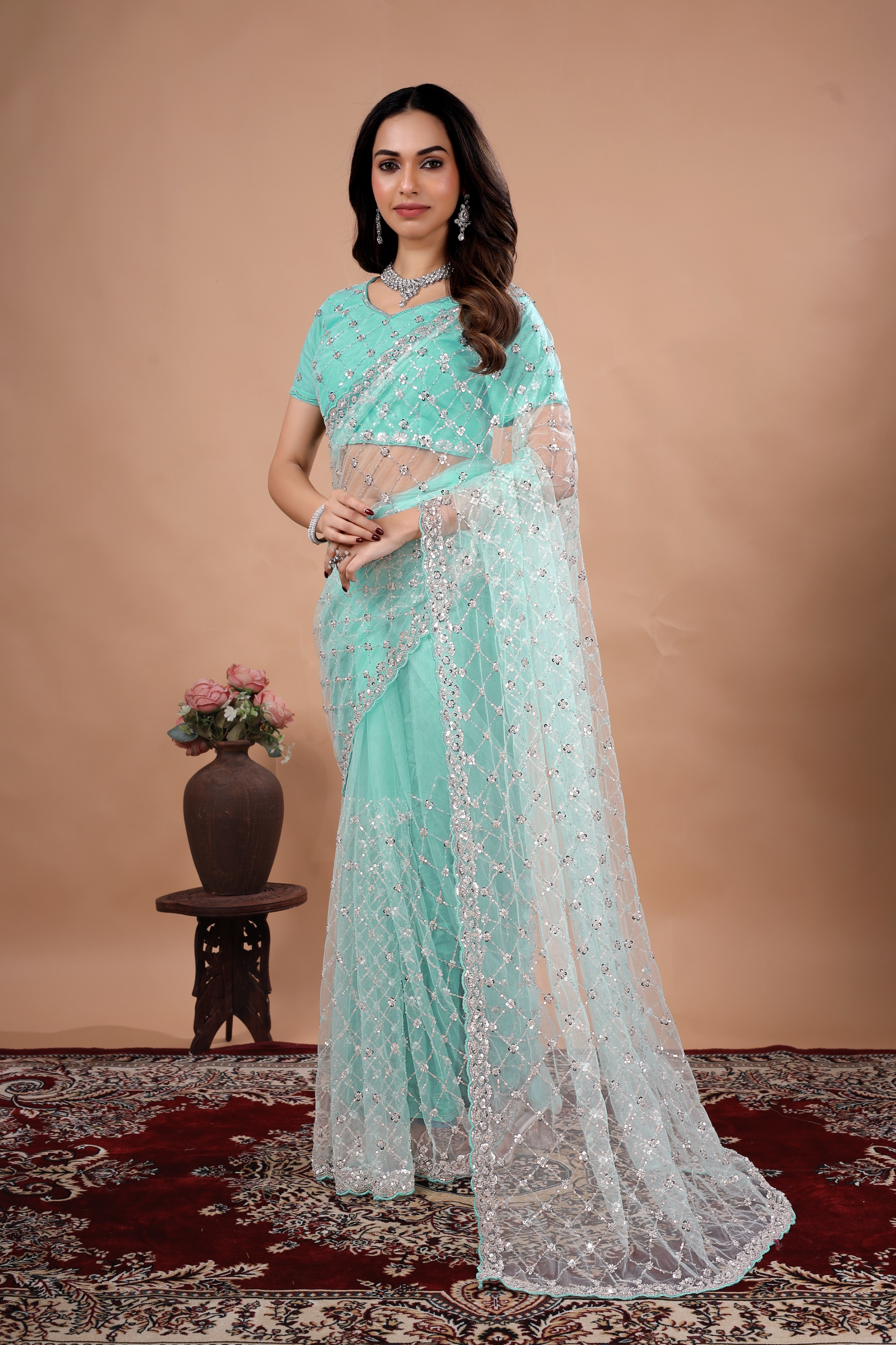 Blue Kanyaari saree with stylish party wear cutdana work, showcasing intricate embroidery and elegant drape.