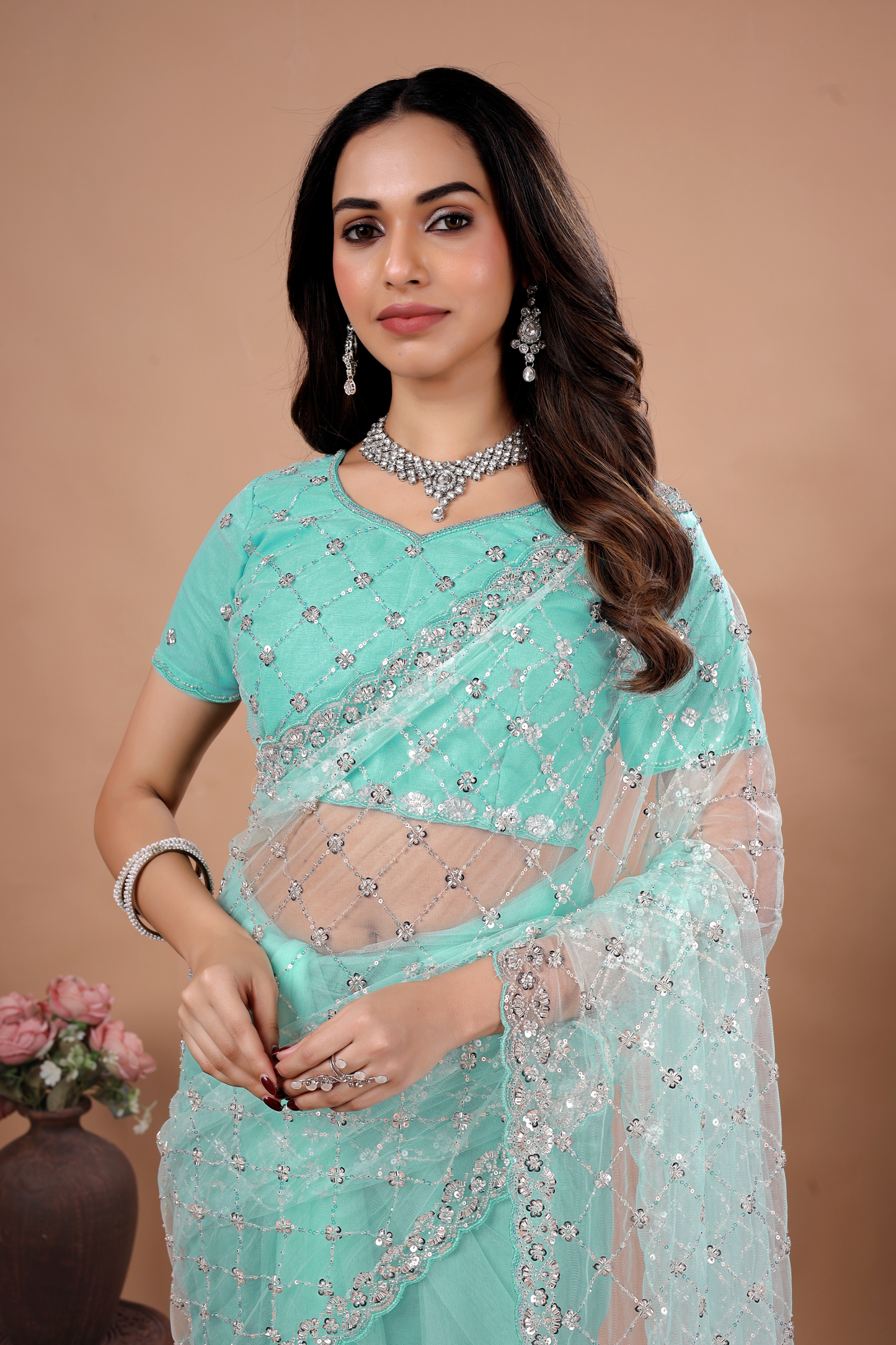 Stylish Party Wear Blue saree with Cutdana Work (Cross)
