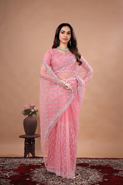Kanyaari cross stylish party wear saree with intricate cutdana work, featuring elegant draping and detailed embellishments