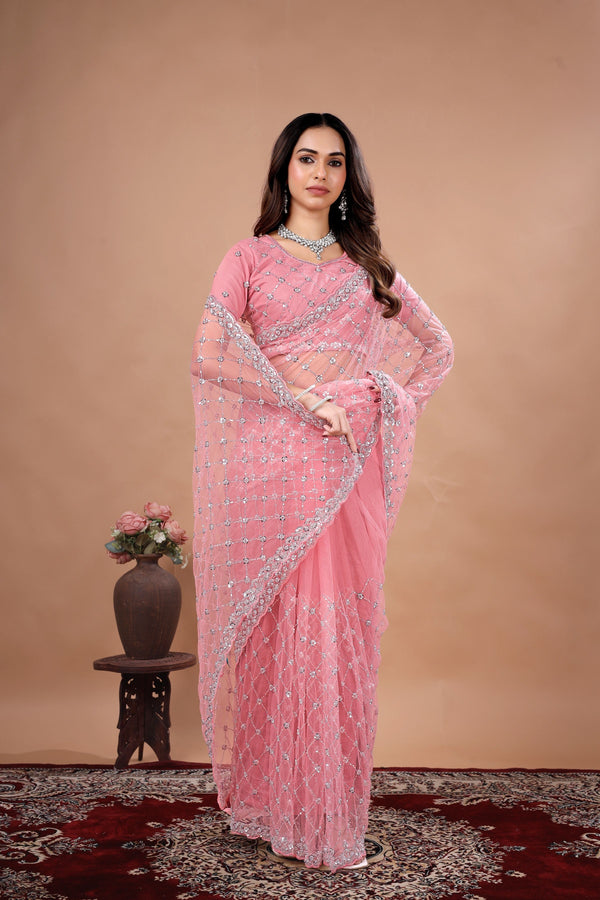 Kanyaari cross stylish party wear saree with intricate cutdana work, featuring elegant draping and detailed embellishments