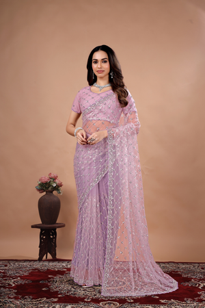Lavender party wear saree with cutdana work by Kanyaari, featuring elegant drape and intricate detailing for special occasions.