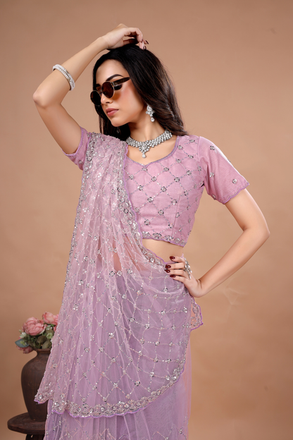Kanyaari Cross Stylish Party Wear saree with intricate Cutdana work, featuring vibrant fabric and elegant draping.