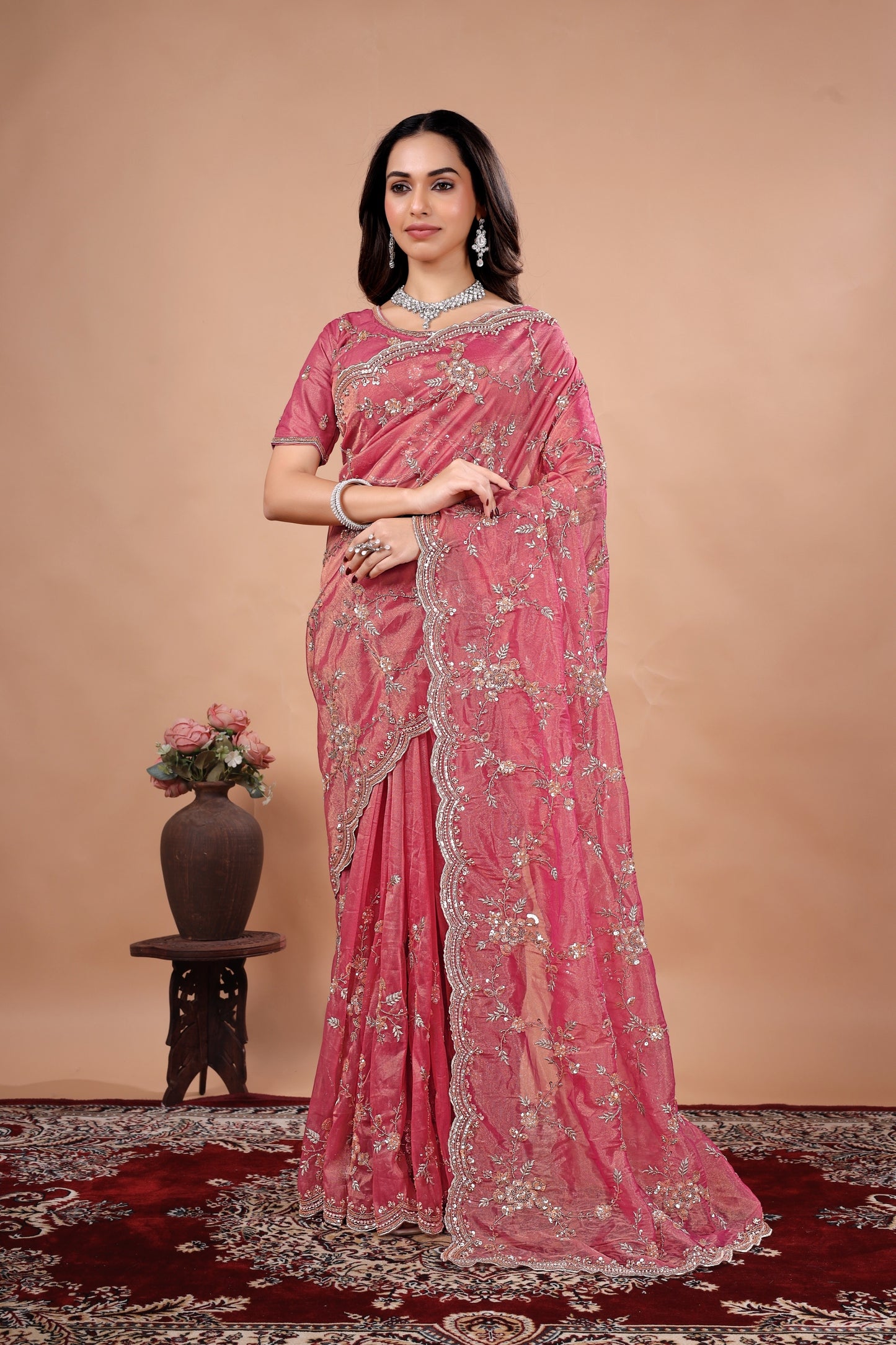 Premium Silk Saree with Heavy Floral Cutdana Work (Saheba)