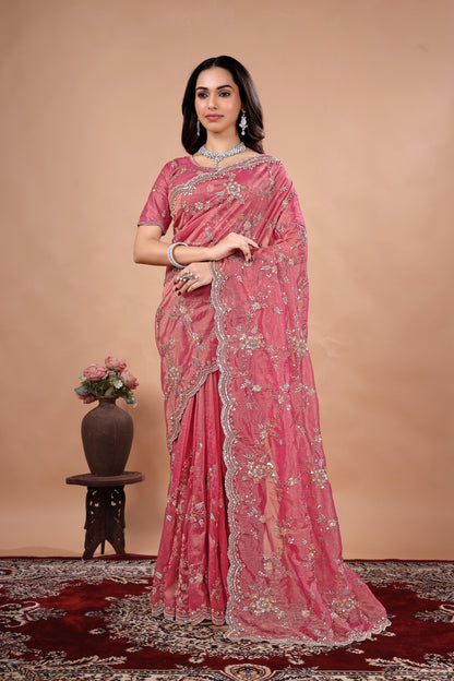 Kanyaari Saheba premium silk saree with heavy floral cutdana embroidery, showcasing intricate floral patterns and rich fabric.