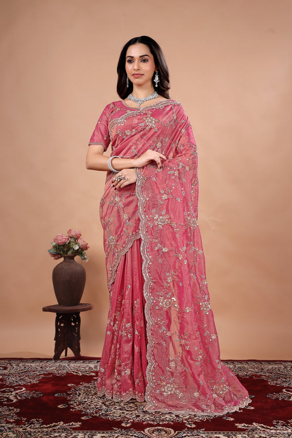 Kanyaari Saheba premium silk saree with heavy floral cutdana embroidery, showcasing intricate floral patterns and rich fabric.