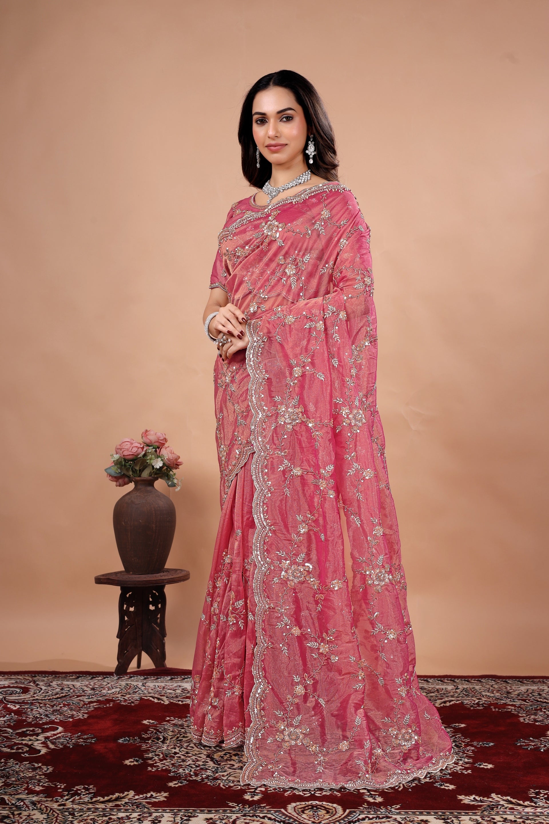 Kanyaari premium silk saree with heavy floral cutdana work, showcasing intricate embroidery and elegant drape.