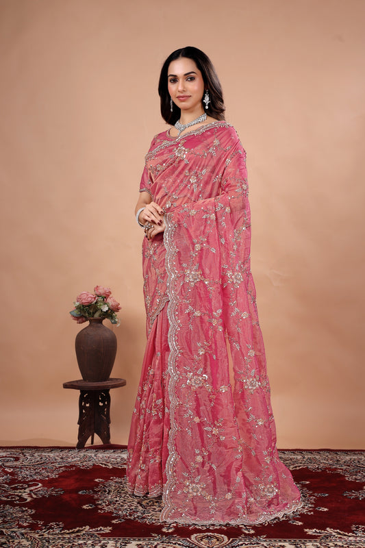 Rust Orange Satin Saree With Heavy Cutdana  Work