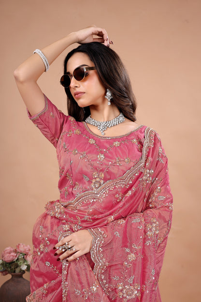 Kanyaari premium silk saree with heavy floral cutdana work, showcasing intricate embroidery and vibrant colors.