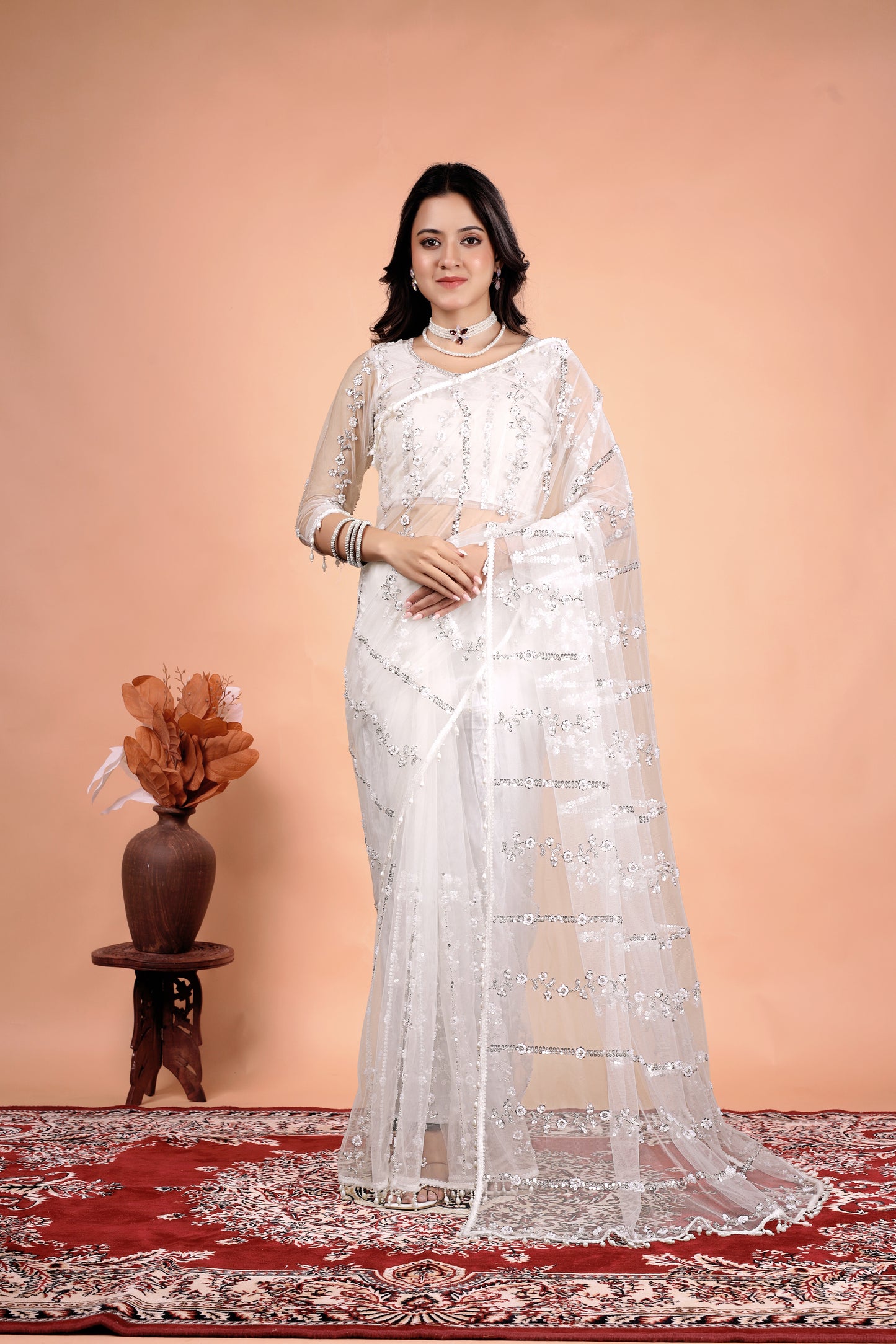 Tamannaah White Net Saree With Cutdana work