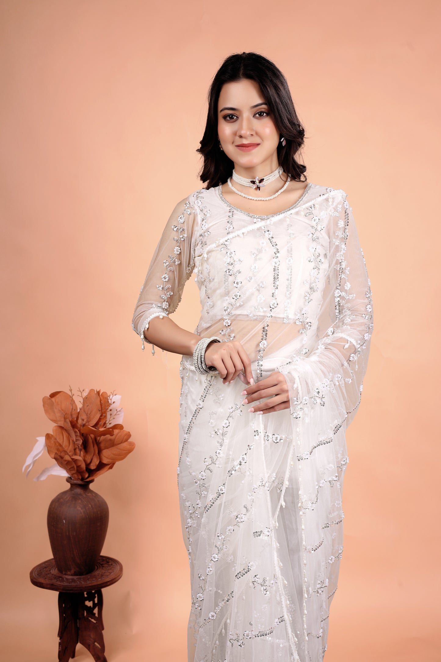 Tamannaah White Net Saree With Cutdana work