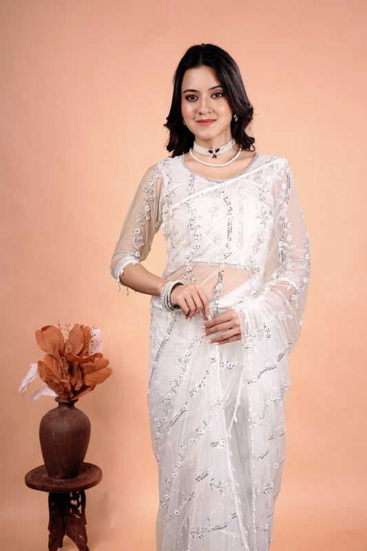 Tamannaah White Net Saree With Cutdana work