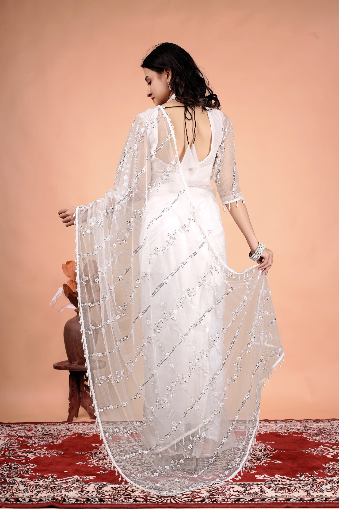 Tamannaah White Net Saree With Cutdana work
