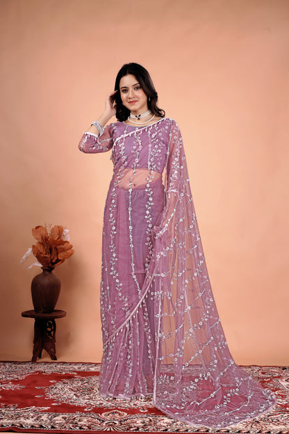 Kanyaari Tamanaa stylish saree with intricate cutdana and sequence work, showcasing elegant drape and detailed embroidery.