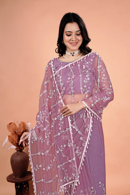Kanyaari Tamanaa stylish saree with intricate cutdana and sequence work, showcasing elegant drape and detailed craftsmanship.