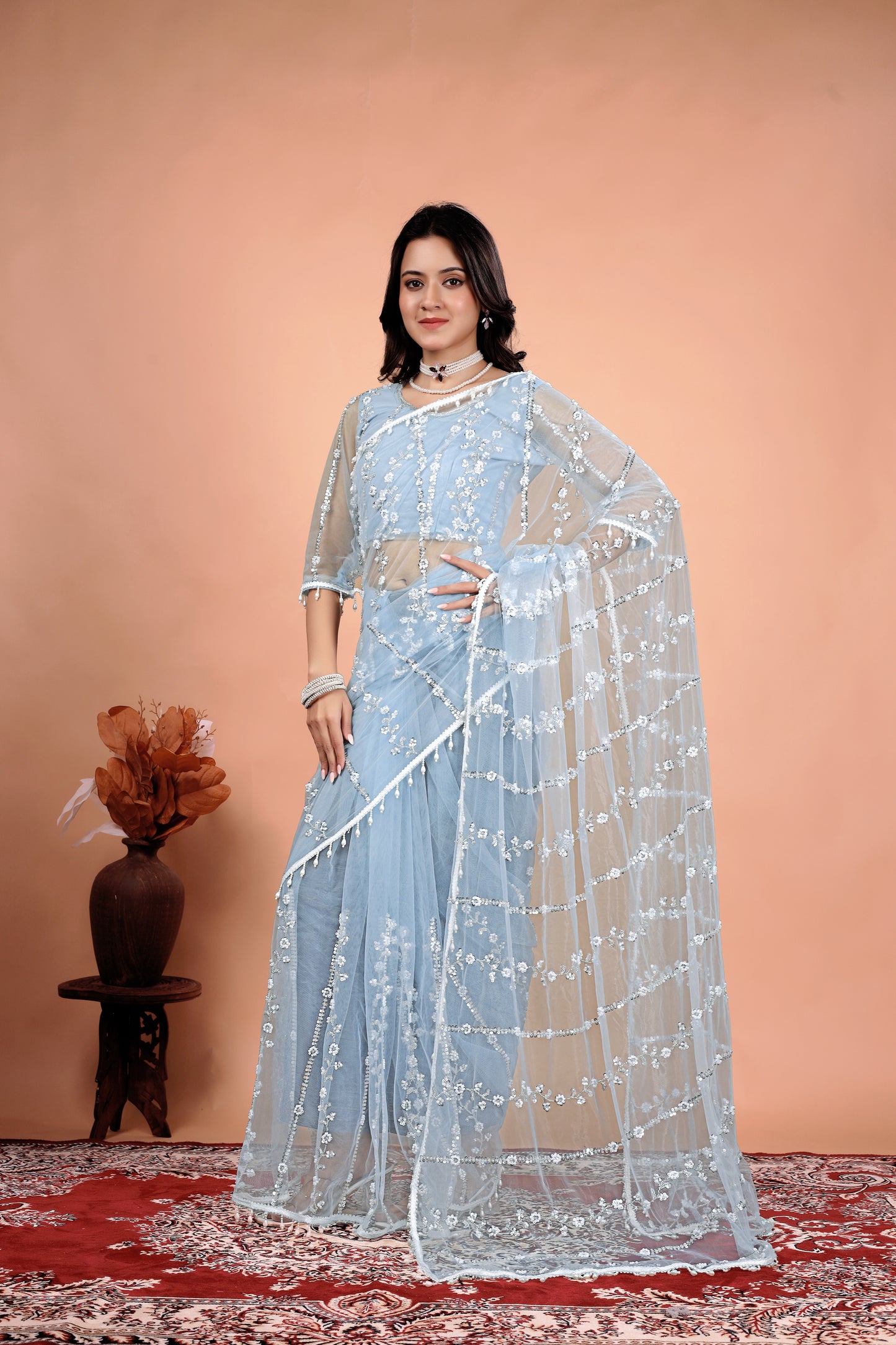 Tamannaah Sky Blue Net Saree With Cutdana work