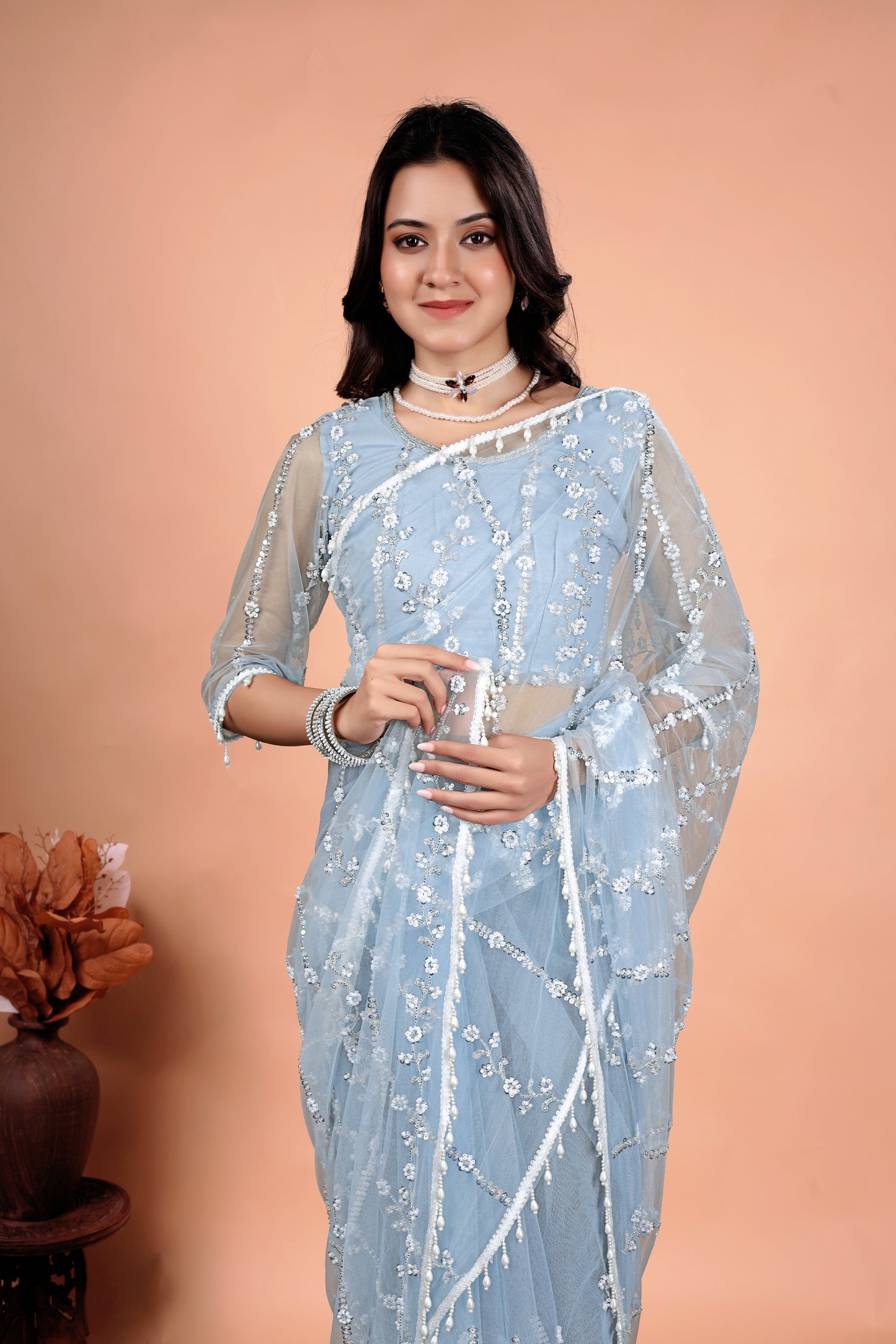 Tamannaah Sky Blue Net Saree With Cutdana work