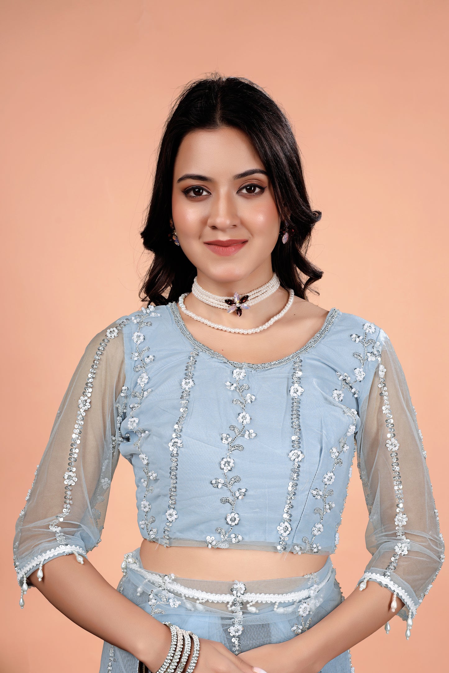 Tamannaah Sky Blue Net Saree With Cutdana work