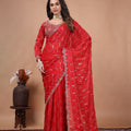 Red silk saree with rose gold cutdana work from Kanyaari featuring intricate embroidery and traditional design.