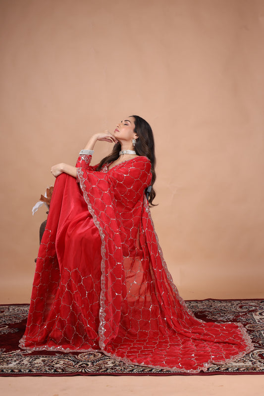 Luxury Fendy Silk Hand Embellished Saree(Barsana)