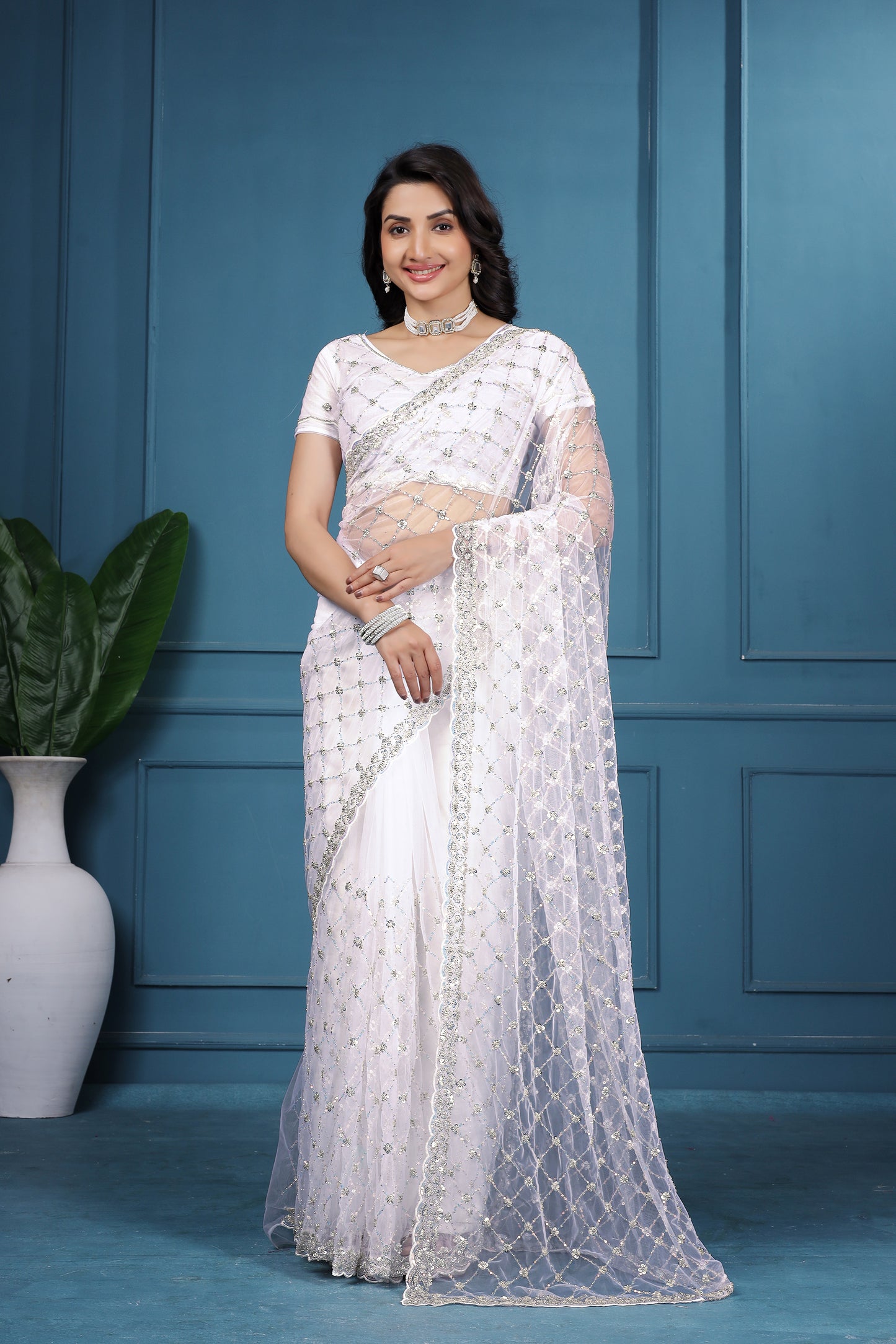 Kanyaari Off White Net Handwork Saree With Unstitched Blouse