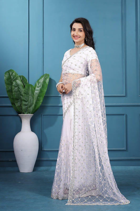 Kanyaari Off White Net Handwork Saree With Unstitched Blouse