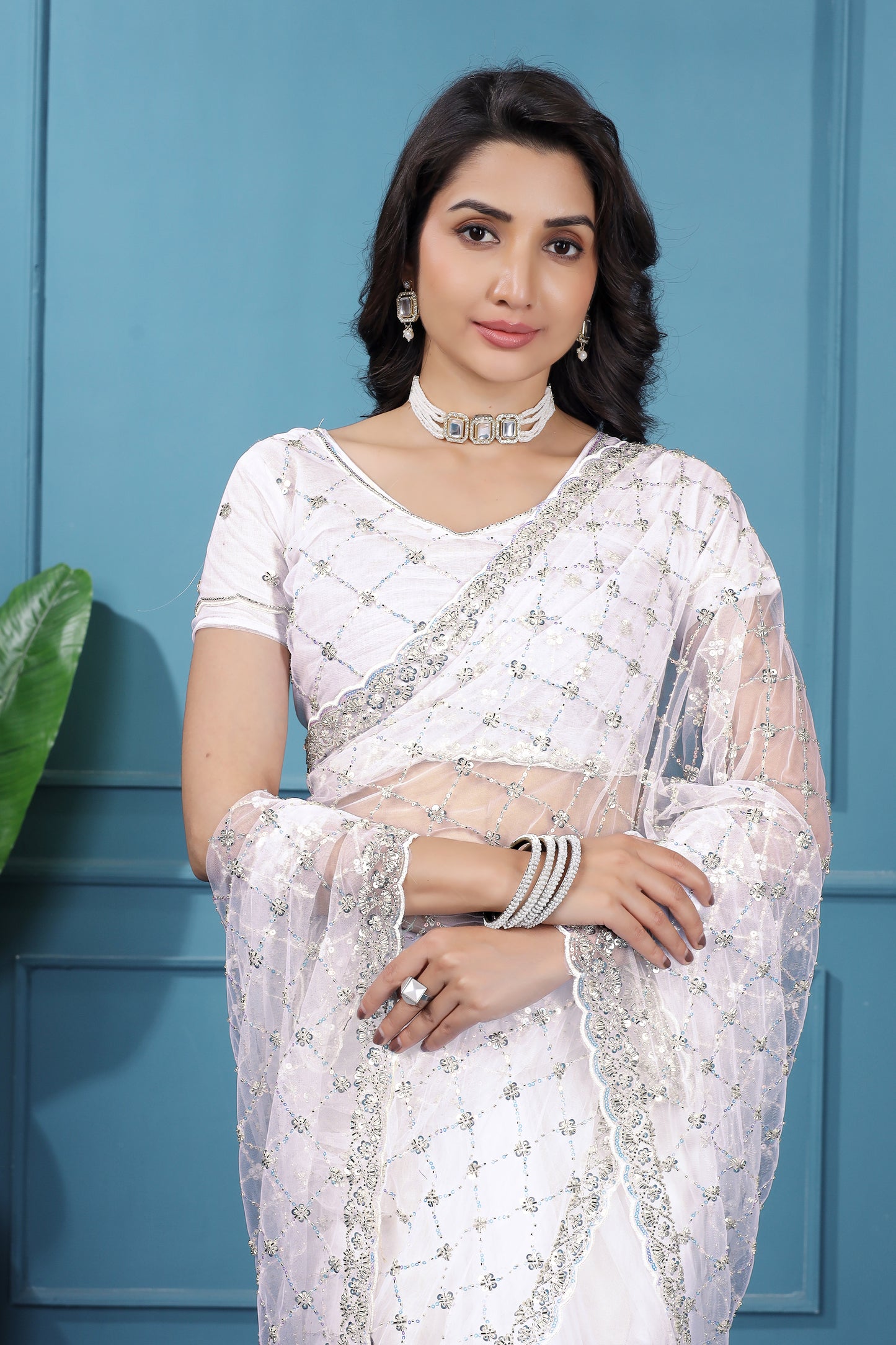Kanyaari Off White Net Handwork Saree With Unstitched Blouse