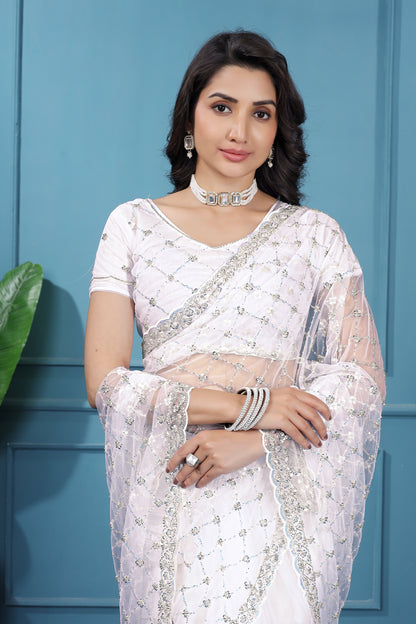 Kanyaari Cross Stylish Party Wear saree with intricate Cutdana work, featuring elegant fabric and traditional design.