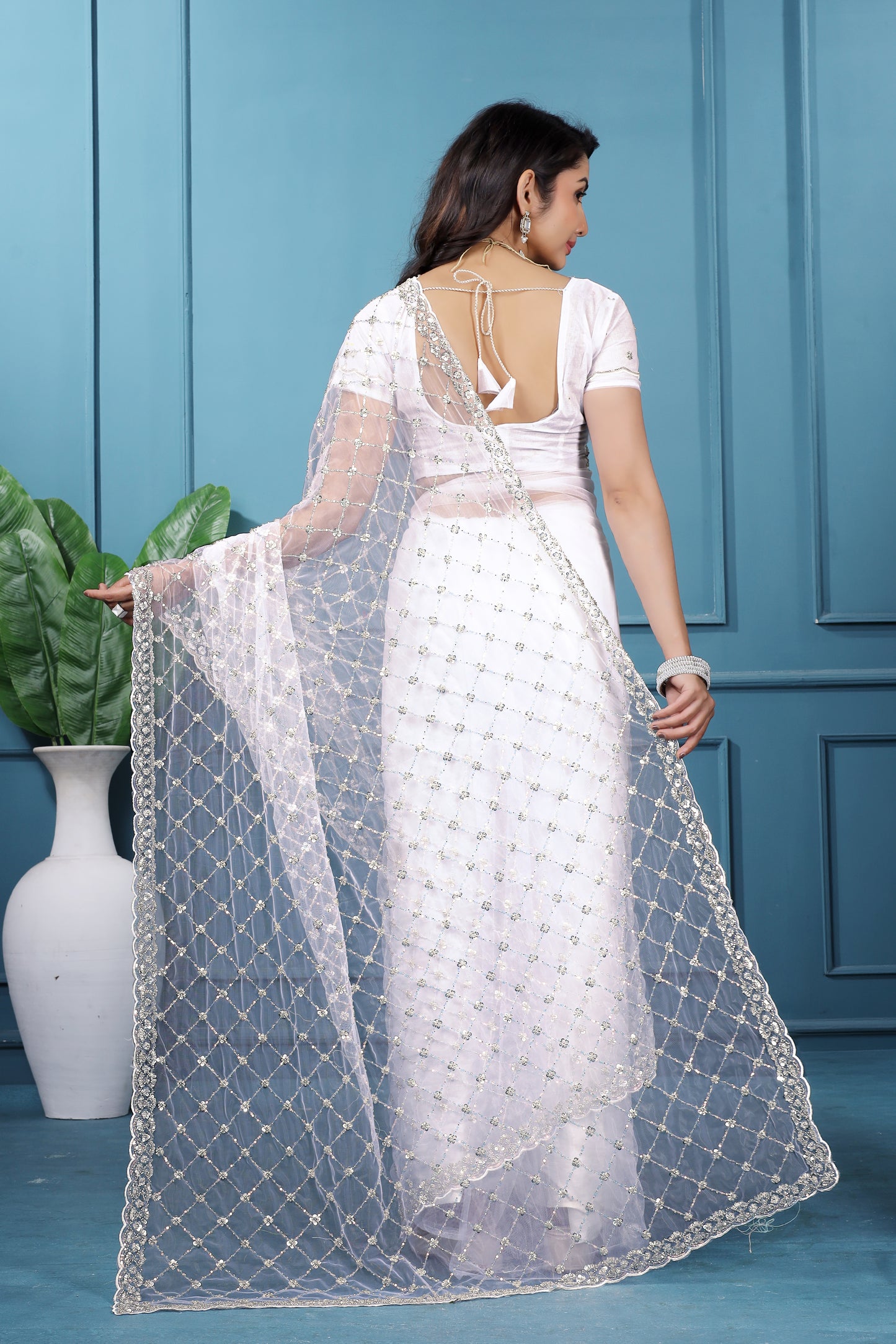Kanyaari Off White Net Handwork Saree With Unstitched Blouse