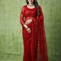 Kanyaari Red Net Handwork Saree With Unstitched Blouse