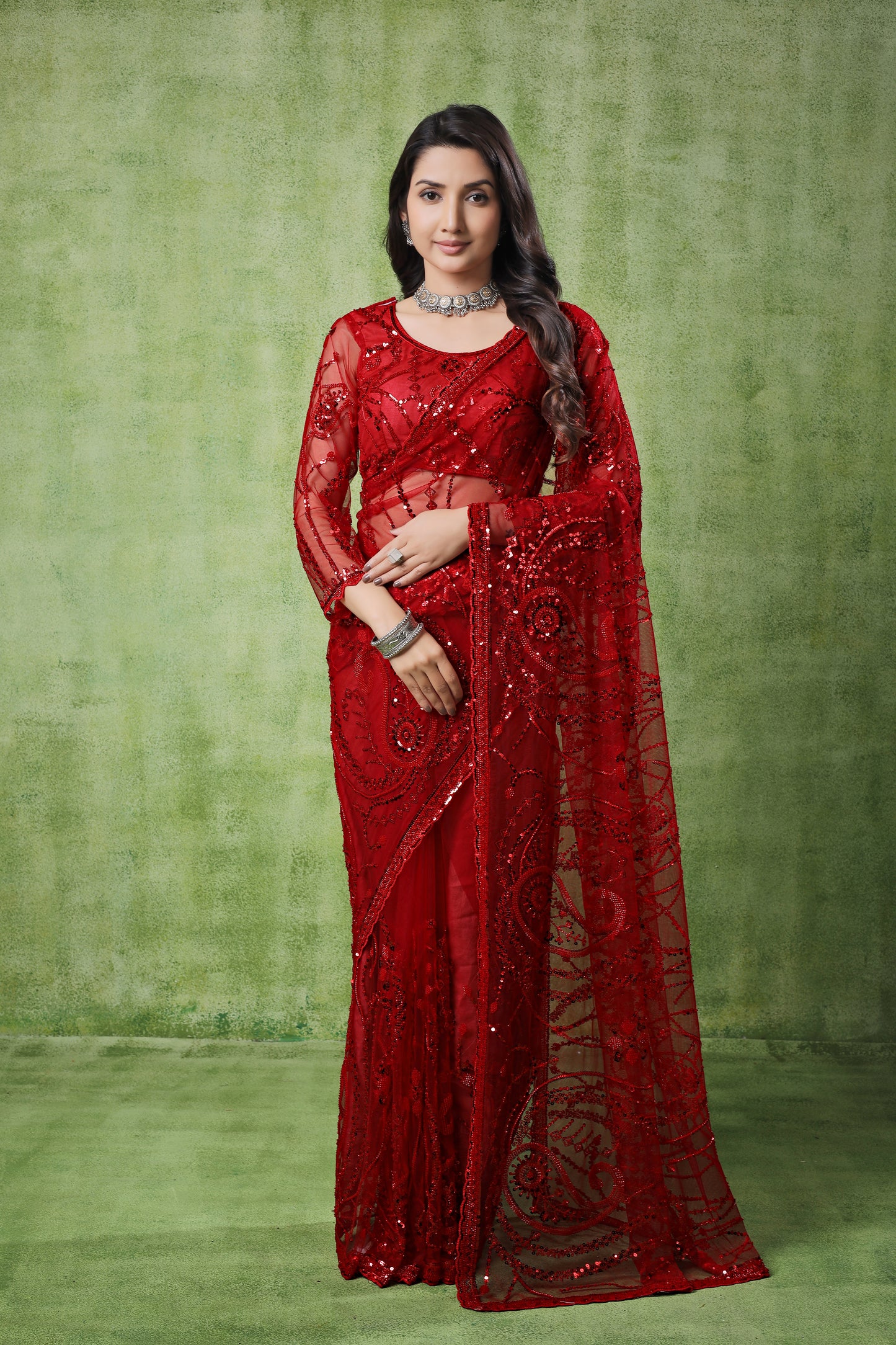 Kanyaari Red Net Handwork Saree With Unstitched Blouse