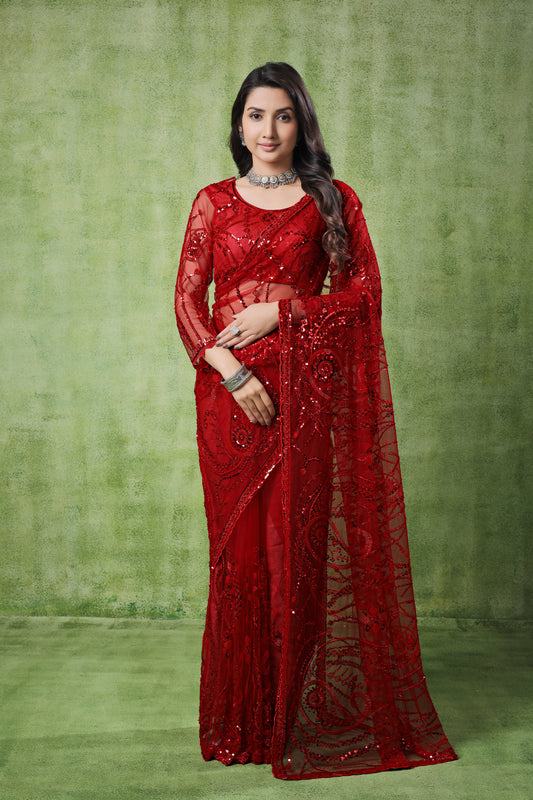 Kanyaari Red Net Handwork Saree With Unstitched Blouse