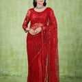 Kanyaari Red Net Handwork Saree With Unstitched Blouse
